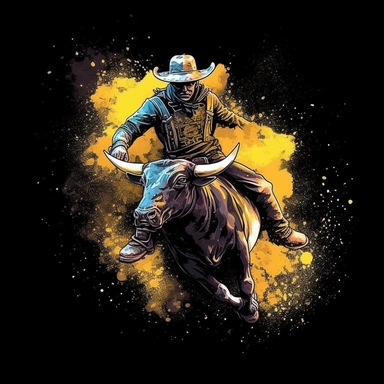 Cowboy bull ride rodeo illustration, nebular mix background, black and yellow color, clipart, photorealistic illustration, watercolor, high detail, 8k polished, 8k, vibrant colors, sticker, majestic, die cut, black background
