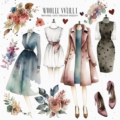 watercolor vintage boutique fashion clipart, white background, spaced out, hd--v 5
