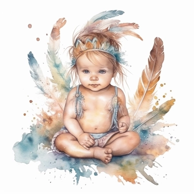 cute watercolor newborn boho baby playing with feathers, isolated white background, babyshower clipart, 8k, soft multicolor boho colors