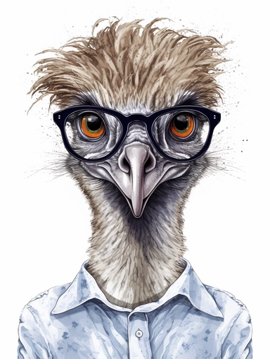 a portrait of a Emu wearing a white shirt and glasses, looking tired and done with life, vector illustration, clipart, outlines, portrait,