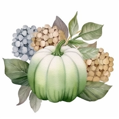 Green-gray pumpkin, dry hydrangea bouquet, green leaves, gray eucalyptus leaves, white fruit, watercolor, clipart, illustration, white background