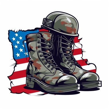 a soldier boot and an american soldier helmet with a circled usa flag in the background the image is cartoon style sharp and detailed soft vibrant tones on a white background vector clip art