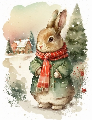 Cute bunny wearing green coat and knitting red scarf around the neck by Beatrix Potter , snowy village and Christmas tree background, watercolor style clipart