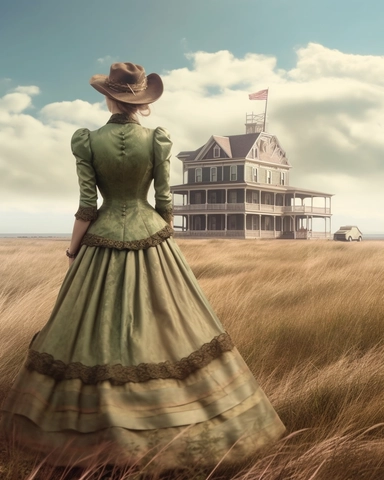 detailed beautiful lady , dressed in a sage victorian vintage dress on a big open farm, wide angle, long shot, with a house far from her as her background, hyper realistic, 8k, isolated on white backgorund, clipart