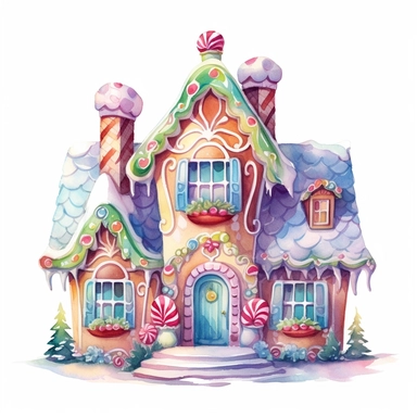 watercolor beautiful vintage Christmas gingerbread house candy house with icing fantasy clipart, whimsical, detailed watercolor style, on white background