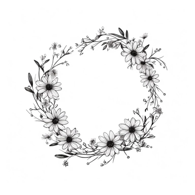 modern, minimalistic wildflowers connected to a stem, in the shape of one giant wreath with a huge opening in the middle, black and white, in the style of a high-quality hand-drawn, on a clean white background, wedding clipart