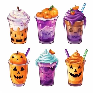 Watercolor cartoon different coffee beverages in different color cups lattes iced coffees with whipped cream halloween scary pumpkins cliparts isolated on a white background, colors purple, teal, orange, yellow high quality, extremely detailed