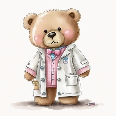 Cute Pink teddy as a doctor in a white coat, handpainted, clipart, white background