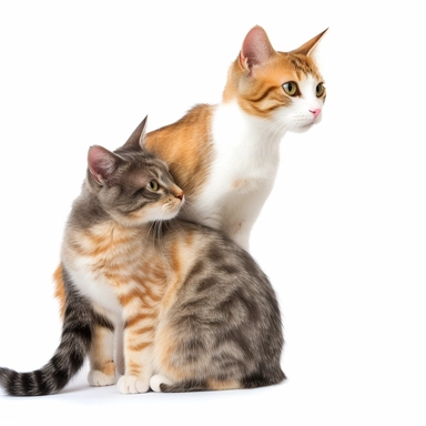 baby cat on back of adult female cat, clipart, bright colors, isolated white background