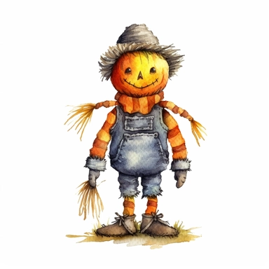 Halloween scarecrow, full color, knitted painting texture, Perfect for nursery art and children's book illustration style, simple, cute, full color, clipart, watercolor illustration, single object, high definition 8k,white background for removing background - - no text shadow font watermark
