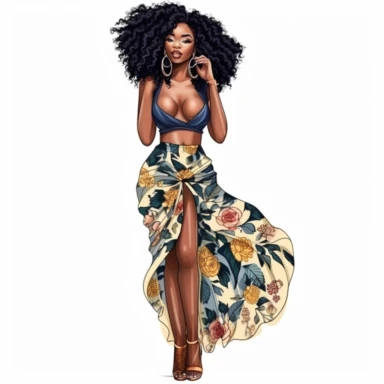 stunningly beautiful full body afican american woman die cut sticker with curly goddess locks hair wearing a fashion nova outfit??, fashionable, clipart image inspired by Hui Mu