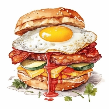 Breakfast Burger Ground beef, bacon, fried egg, cheddar cheese, hash brown, ketchup, brioche bun ,clipart water color, white background, 8k