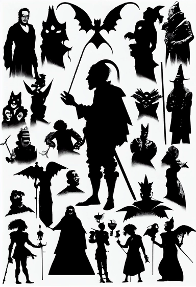 silhouettes of swindlers, monks, demons, mythological characters, disguised people, magicians, fools, lunatics, soldiers, priests, devils, fauns, angels, jugglers, cops, clowns, madmen. Bizarre, whimsical, random, victorian, theatrical, funny. Black and white clipart collection, white background