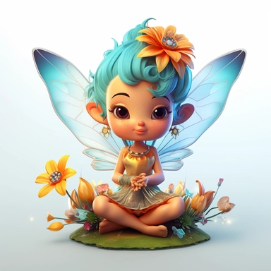 A 3D brightly colored cartoon character design of a tiny fairy with butterfly wings, wearing a flower dress, holding a wand, with high detail, clipart stickers, sitting yoga style