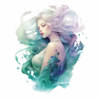 violet blond mermaid girl isoleted on white background, in the style of anna dittmann, emerald and aquamarine, zhang jingna, detailed painting, detailed character illustrations, fluid, watery, organic shapes, transparent/translucent medium, isoleted on white background, total body, mermaid body, seashells, clipart