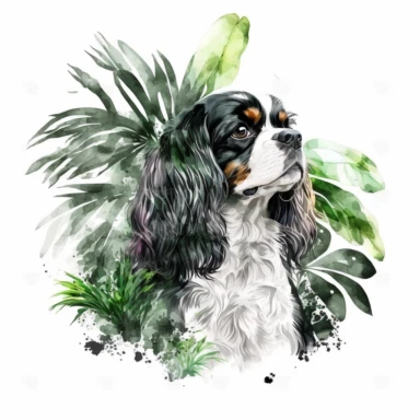 beautiful, black and white Cavalier King Charles Spaniel looking up, among leaves like in the jungle, watercolor by Liu Yi, intense colors, clipart, high quality, on white background,