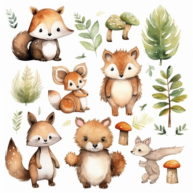 Clipart watercolor, newborn , cute boho neutral colors theme: cute Forrest animals, plants, leaves and logs, drawings on a white background with a margin, drawing with watercolors , thing related to newborn, neutral colors, minimalistic, adorable, shabby chic ,baby nursery