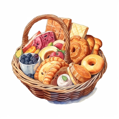 watercolor bread and biscuits in basket illustration in watercolour, in the style of lively illustrations, elaborate fruit arrangements, creative commons attribution, furaffinity, full body, biblical iconography, isometric Clipart desert cartoon t-shirt graphic, vector,contour, isolated on a white background