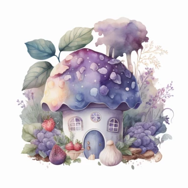 Watercolour light purple Magic Mystical Mushroom clipart with white background cottage surrounded by fruits and clouds