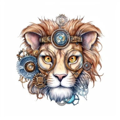 Watercolor drawing of a Steampunk lion, big eyes, white background, Clipart, watercolor