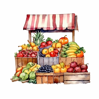 watercolor colorful clipart of a bountiful farmer's market, hd, on white background