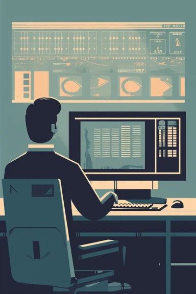 A bank employee at a computer, analyzing data related to user behavior on the bank's website. The employee is using sample size design principles to identify patterns and trends in the data. - Vintage Cliparts