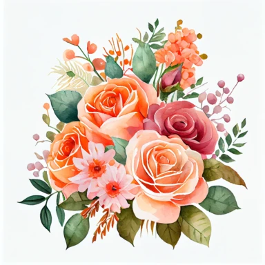one bouquet arranged roses watercolor clipart, the colors are Apricot Orange and Bubblegum Pink arranged clipart, watercolor, 8k, white blank background