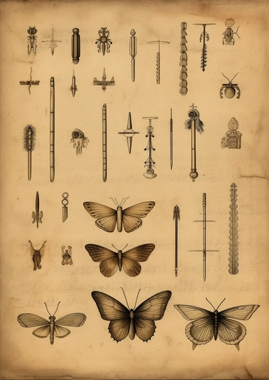 an old manual showing different hair clips and butterfly. Stained pages. Ancient Chinese text in ink. Leonardo Da Vinci style