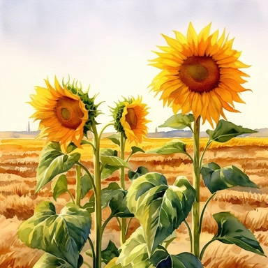 watercolor art of sunflower field, in the style of realistic and hyper-detailed renderings, sketchfab, ahmed morsi, realistic watercolor paintings, use of common materials, handcrafted designs clipart yellow and green with background removed