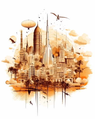 watercolor promotional print for the city of Dubai depicting the essence of the United Arab Emirates soul, dreamlike, clear individual recognizable elements, inspired by line art in brown color, clipart, on white background