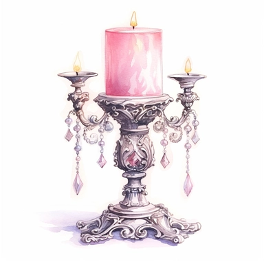 A pink vintage-inspired candle holder with intricate metalwork and delicate pink glass accents. The soft watercolor washes and fine details bring out the romantic charm of Victorian candle holders. Clipart, watercolor, white background, intricate detail
