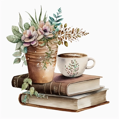 watercolour American style cup of coffee with stacked books and plant pot with beautifully detailed floral white glitter flower boquet png image,high resolution,300 dpi,graphic clipart,computer graphics