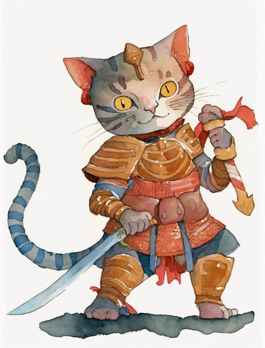 beautifully colored, beautifully illustrated anthropomorphic self defense cat , with a cast shadow , beautiful gouache painting, chibi clipart with a cast shadow on white background, beautiful gouache painting, , watercolor art by concept art by Ken Sugimoto simple watercolor still-life sketch, bold lines, sketch by Kim Jung Gi and by Satoshi Kon