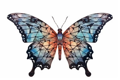 Watercolor, Design a stylized graphic of a Black Swallowtail butterfly with geometric patterns on its wings, clipart, hd, on a white background, spaced out