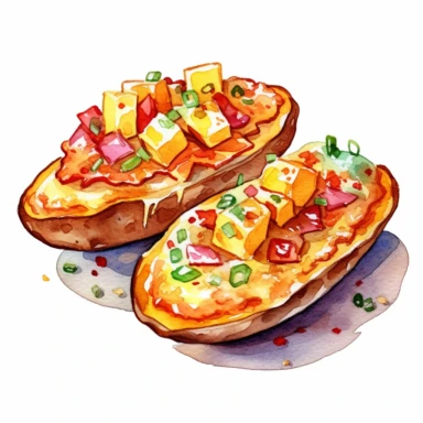 watercolor detailed illustration of Loaded potato skins with cheese, clipart, white background