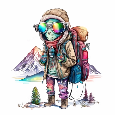 Boho style illustration, clipart, sublimation painting Alien tourist in Alaska. Bright colorful colors. White empty background, high quality 8k, high quality detail