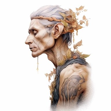 beautiful male wood elf tattoo design by twilight designs, in the style of david nordahl, jean-baptiste monge, farel dalrymple, fantastical street, high resolution, imaginative characters, clipart, blank white background