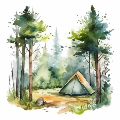 camping scene in forest watercolor style clipart on white background with margins