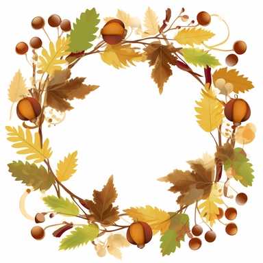Create Separate Single Clip Art, Simplistic, Thick Natural Branches with Fall Leafs and Acorns AS a full Picture frame, Isolated and separated on WHITE Background, 2D, vector flat, clip art, No Gradients