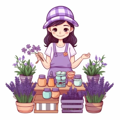 Cute female merchant selling Lavender flower only, Vector art clipart, solid white background