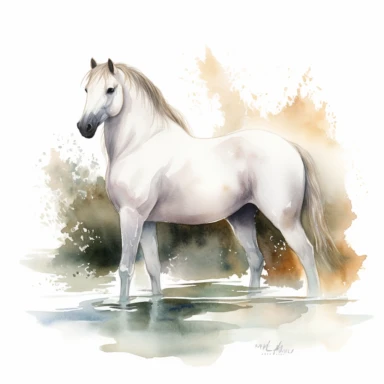 A clipart that shows a majestic horse in a graceful pose on a white background. The horse's body is elegantly curved to emphasize its beauty and grace. It may be standing on a slight hill or in an idyllic landscape. The water colors give the clipart a soft and flowing look. The colors can be soft and pastel to create a calm atmosphere. Use different shades of blue for the background to create a natural water or sky look. The contours of the horse are subtle and well defined to clearly show its s