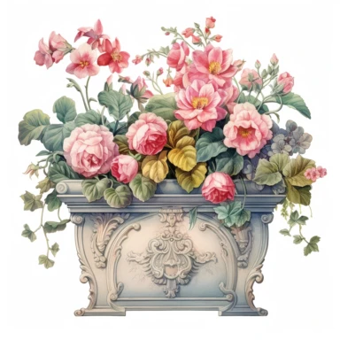 very beautiful Box Flower Planter, white background, clipart with pastel color, detailed and lovely Renaissance painting