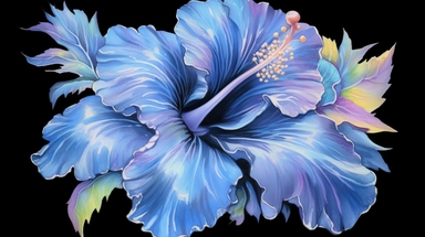 blue hibiscus iridescent watercolor clipart on black background:.1 iridescent watercolor painting