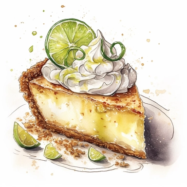 Watercolor clipart of Key Lime Pie: This tangy and creamy pie is a popular dessert during the summer months, often made with a graham cracker crust and topped with whipped cream, intricate details, vector, hyperrealistic, white background, no splashes,