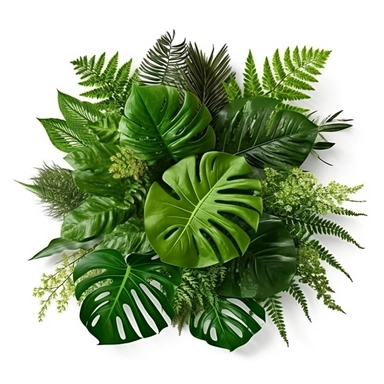 Tropical green leaves forest plant Monstera, fern, and climbing bird’s nest fern foliage plants floral bunch for wedding and ceremony decoration isolated on white background with clipping path.