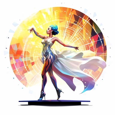 a man in drag queen style, performing dance, on stage, in hall, no audience in the stands, spotlights on character, cyberpunk themed, svg vector, Augmented Reality, ynthwave futuristic, high-tech art nouveau art style, clipart, Cyberspace white background no text, ultra realistic, isolated on white, ghibli style, watercolor illustration, award winning