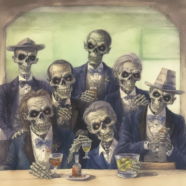 watercolor clip art of zombies dressed as business men and women at a halloween party drinking goolish cocktails, style jean baptiste monge