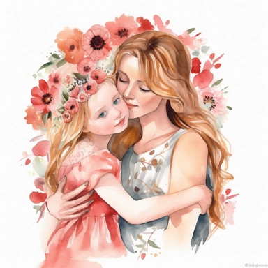 mother hugging her little daughter, watercolor clipart, hearts, floral, white background, png