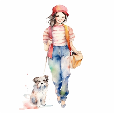 a cute clipart,unique outfit , different breed , full body , unique pose, unique outfit , white background , watercolors image, unique and vibrant , no other elements, clean shapes ,center and middle, cute