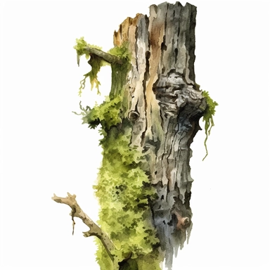 realistic bark sculpture cover in moss clipart watercolor
